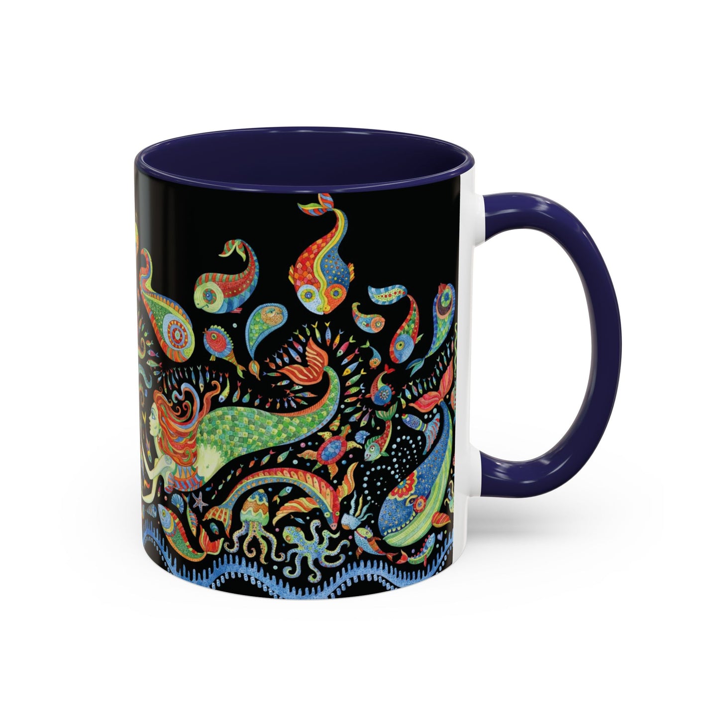 Mermaid Kingdom/Black, Coffee Mug, 8 Colors - Fun Tropical Drinkware for Beach Vibes