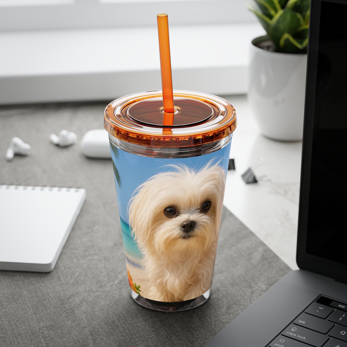 Tropical Tumbler with Straw | 16oz Colorful Travel Cup / Puppy Ariel at the Beach