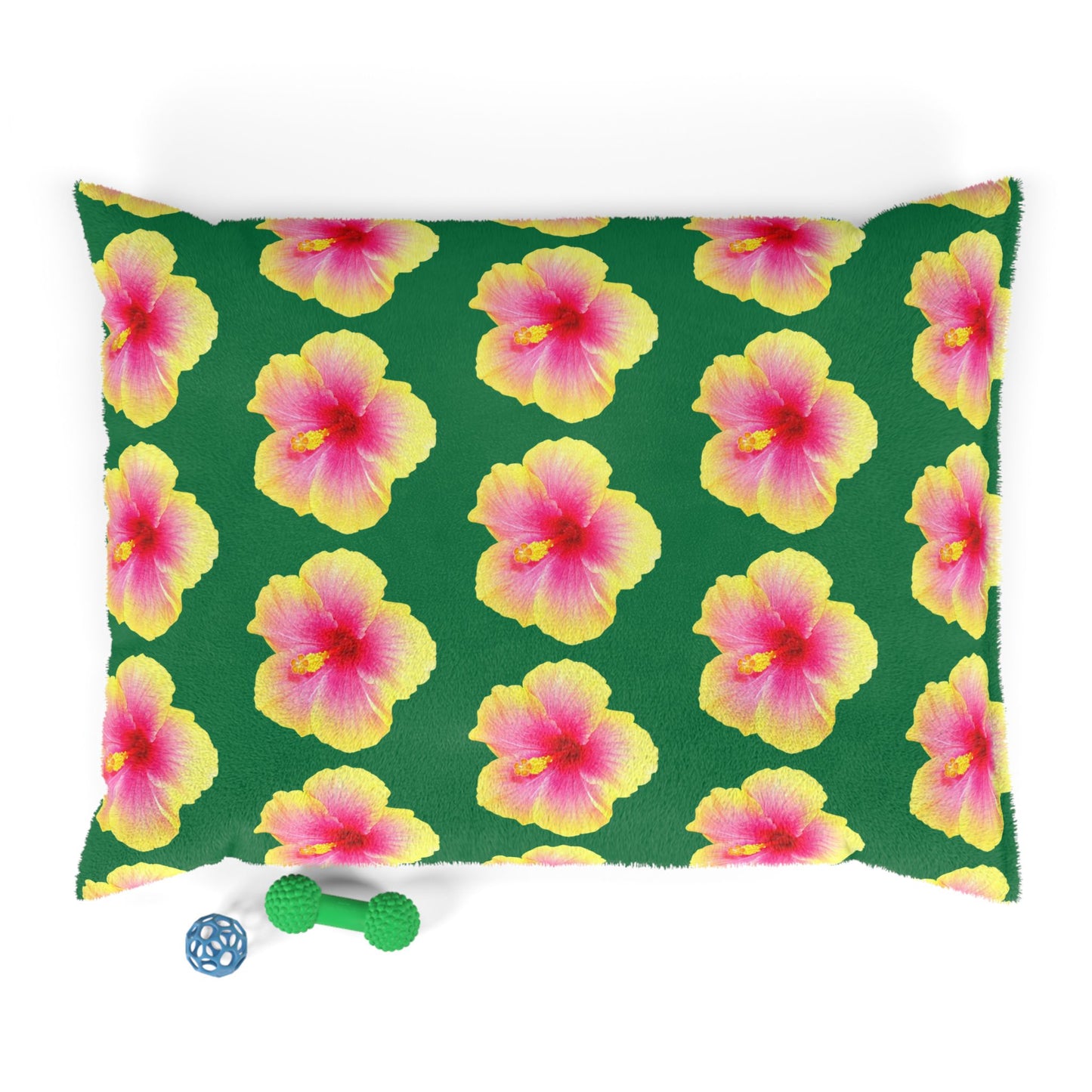 Pet Bed - Cozy and Fun Dog or Cat Bed for Beach Lovers / Real Yellow & Pink Hibiscus/Dark Green
