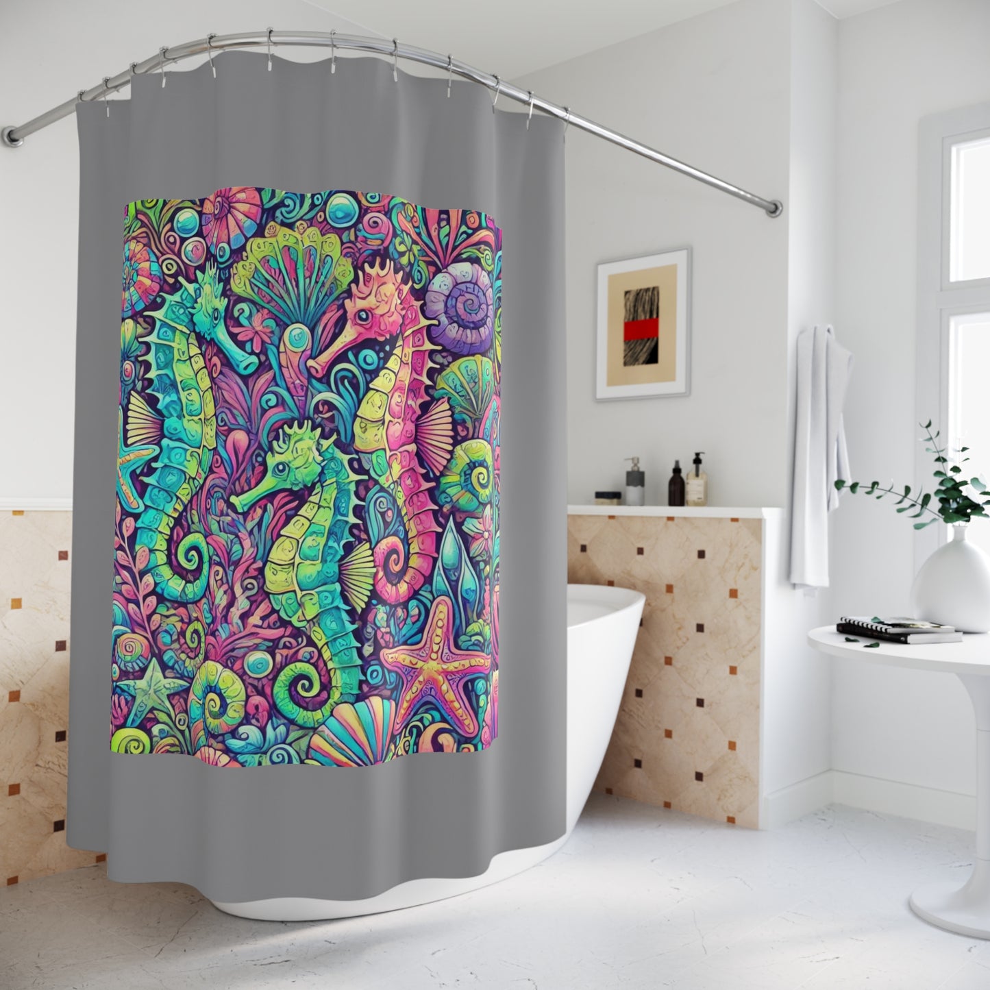 Tropical Shower Curtain - Ocean Bathroom Decor / Seahorse Trio/Grey