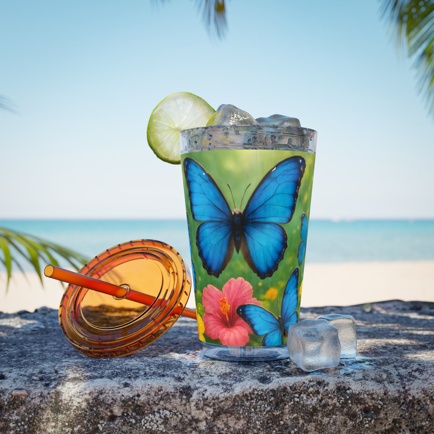 Tropical Tumbler with Straw | 16oz Colorful Travel Cup / Morpho Butterflies Flight