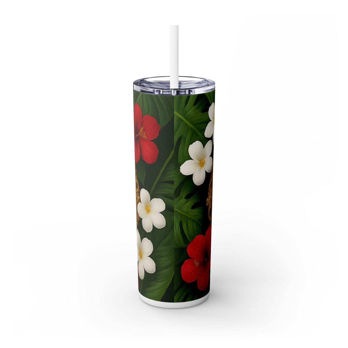Religious Skinny Tumbler with Straw - 20oz Tropical Vibes / Our Lady of Perpetual Help, Red Floral