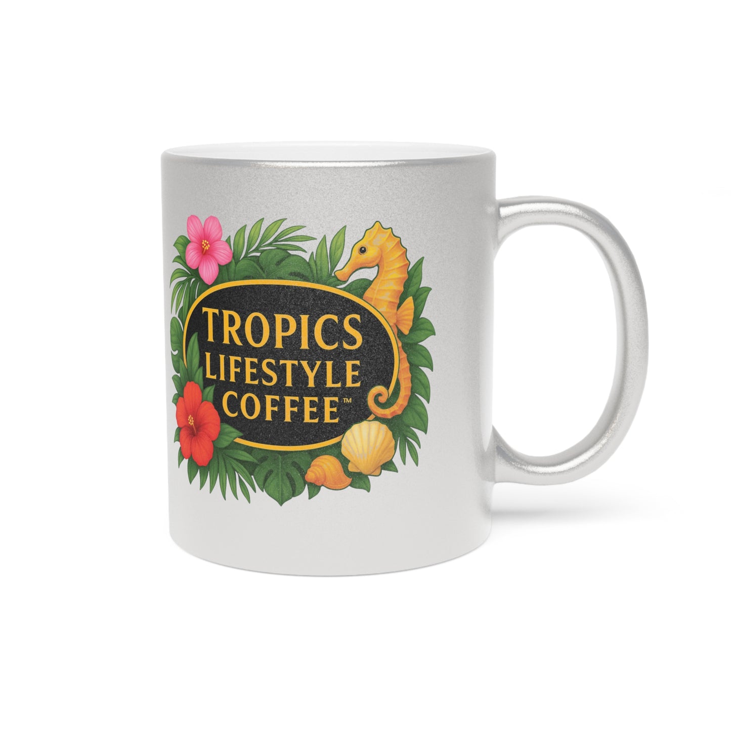 Tropical Metallic Mug, Gold or Silver - TLCoffee Seahorse Logo