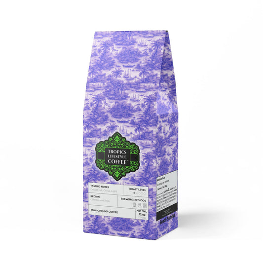 Beach Sunrise Blend™ (Light Roast) Specialty Grade Craft Coffee / Tropical Toile, Purple