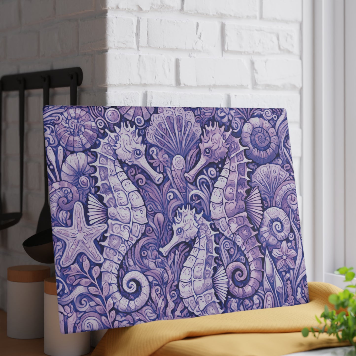 Glass Cutting Board, 2 sizes - Seahorses Amethyst