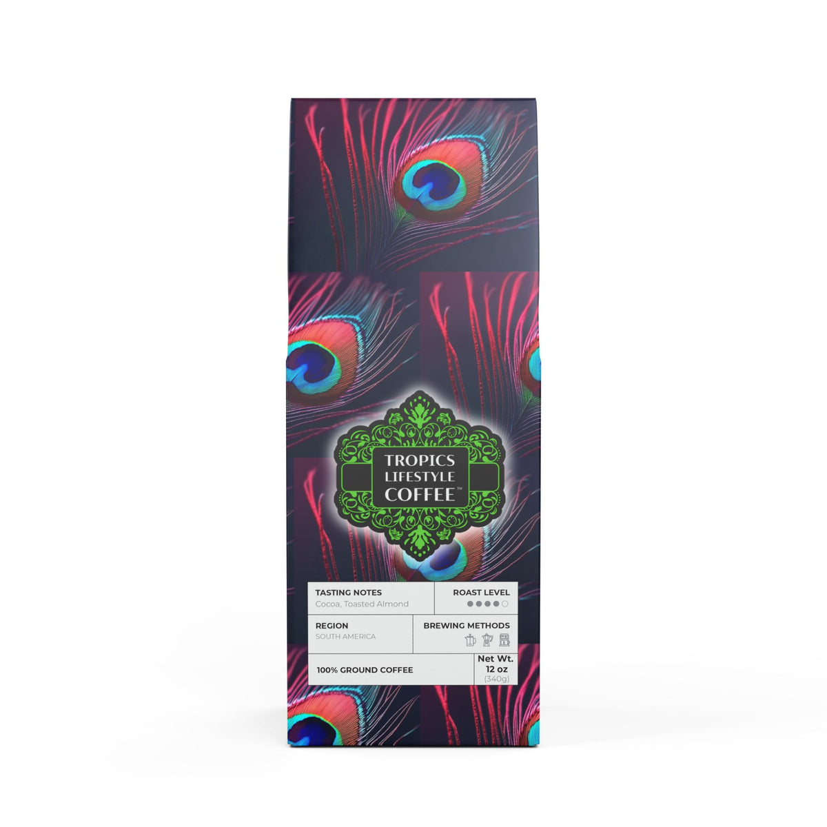 Midnight Surf Blend™ (Medium-Dark Roast) Specialty Grade Craft Coffee / Peacock Eye Feather, Magenta