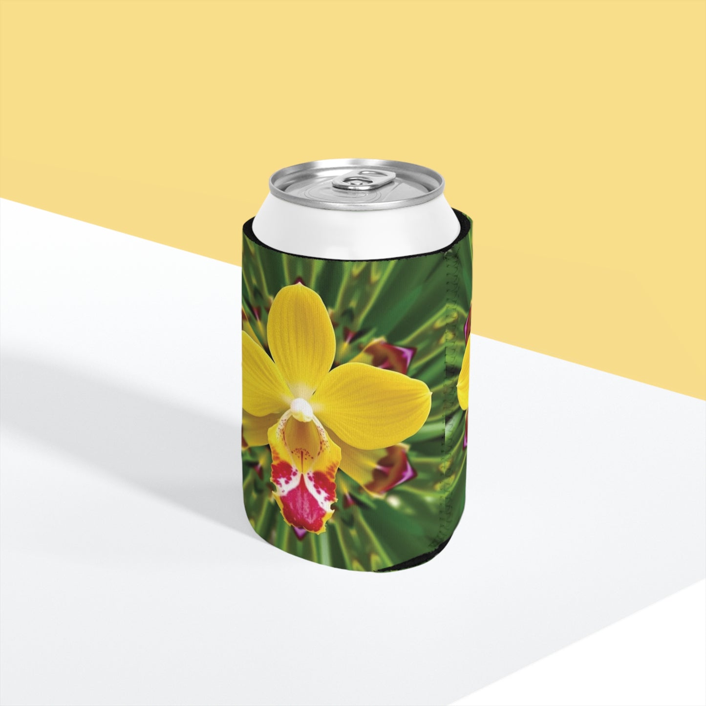 Kaleido Yellow Orchid Can Cooler Sleeve - Perfect for Outdoor Picnics