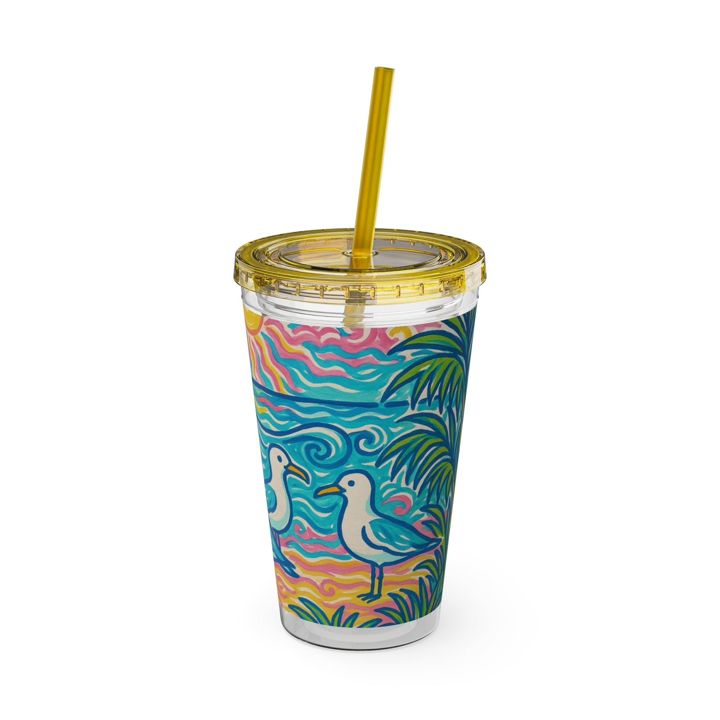 Tropical Tumbler with Straw | 16oz Colorful Travel Cup / Tropical Beach Seagulls