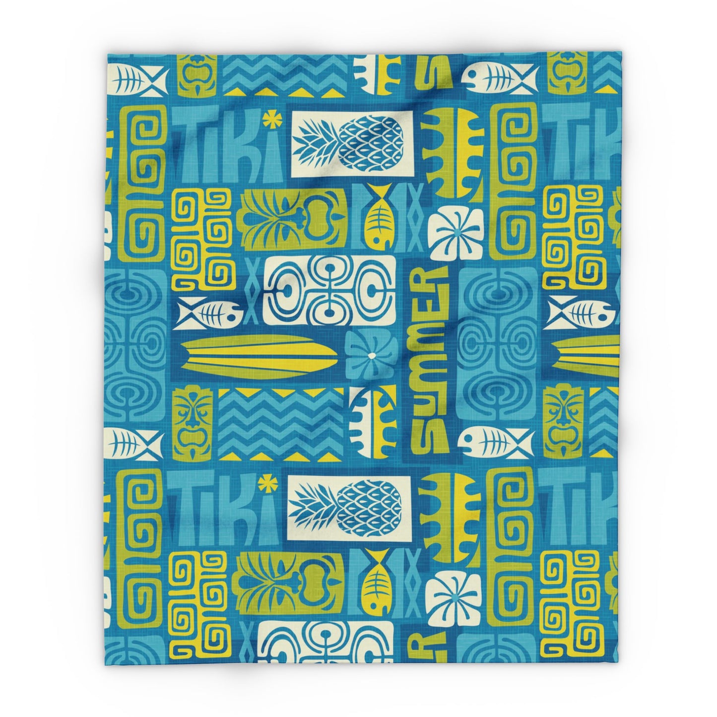 Tiki Poster Blue Fleece Blanket - Colorful Tropical Botanical Design