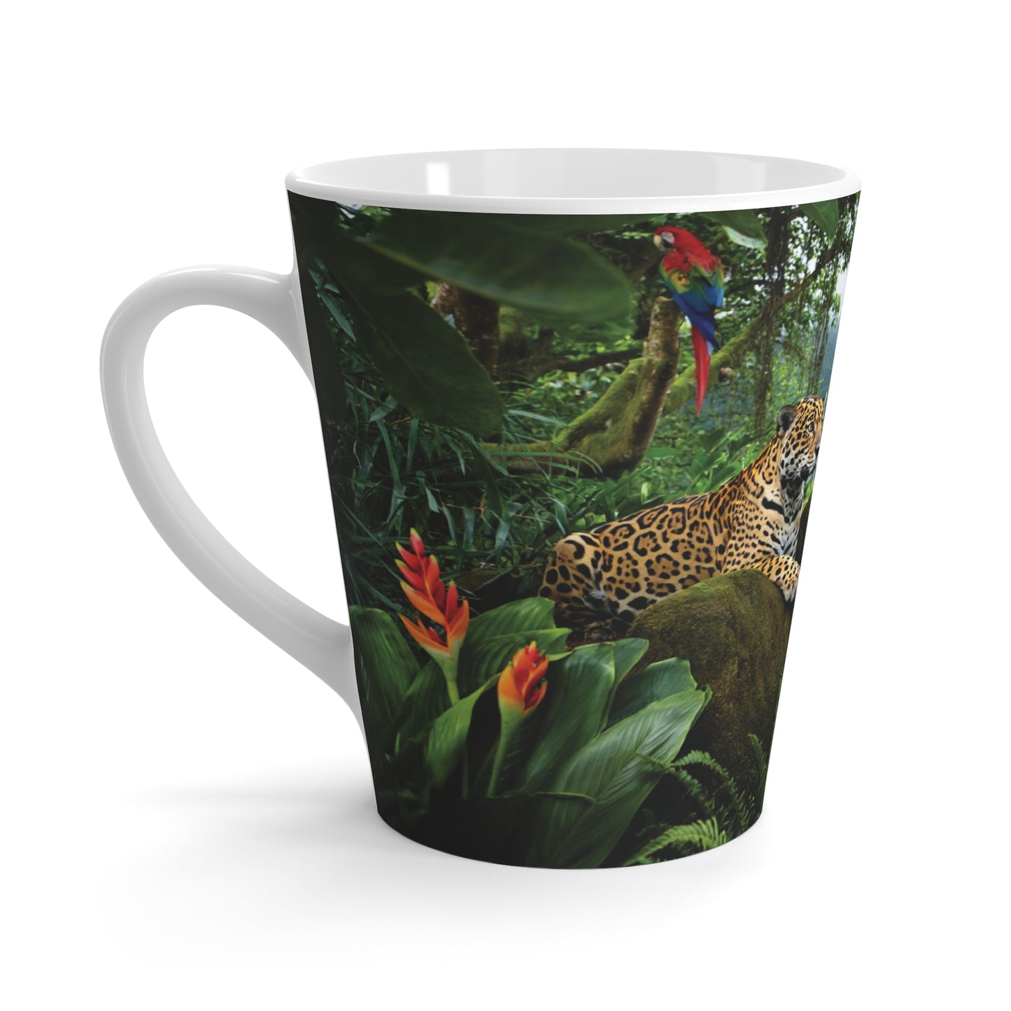 Latte White Mug - Jaguars and Parrots