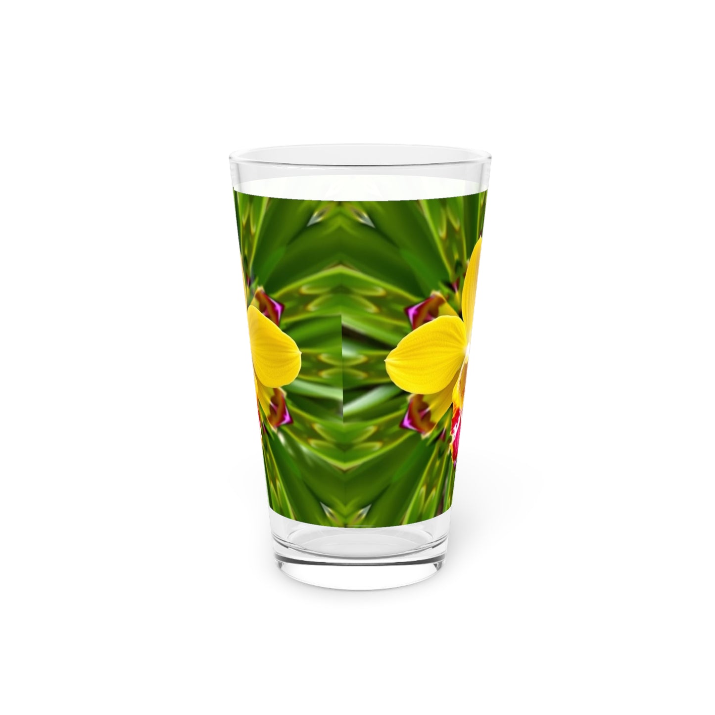 Pint Glass, 16oz, Yellow Orchid Kaleidoscope