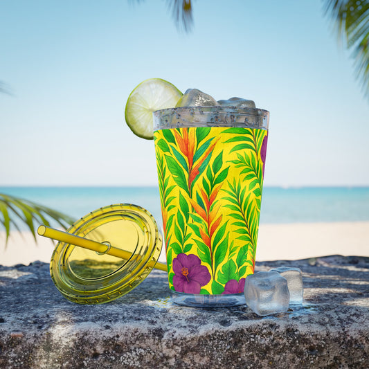 Tropical Tumbler with Straw | 16oz Colorful Travel Cup / Midnight Flower Yellow