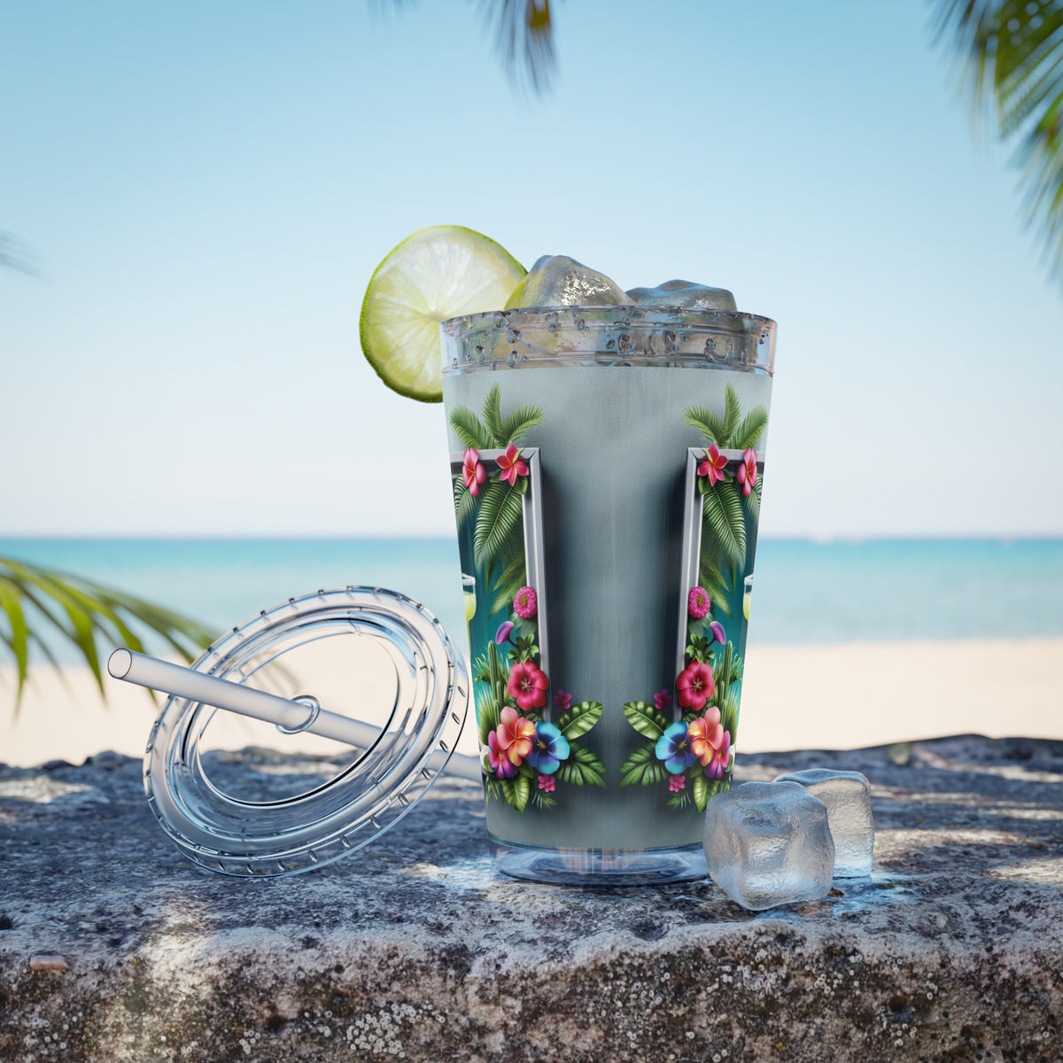 Tropical Tumbler with Straw | 16oz Colorful Travel Cup / Tropical Margarita