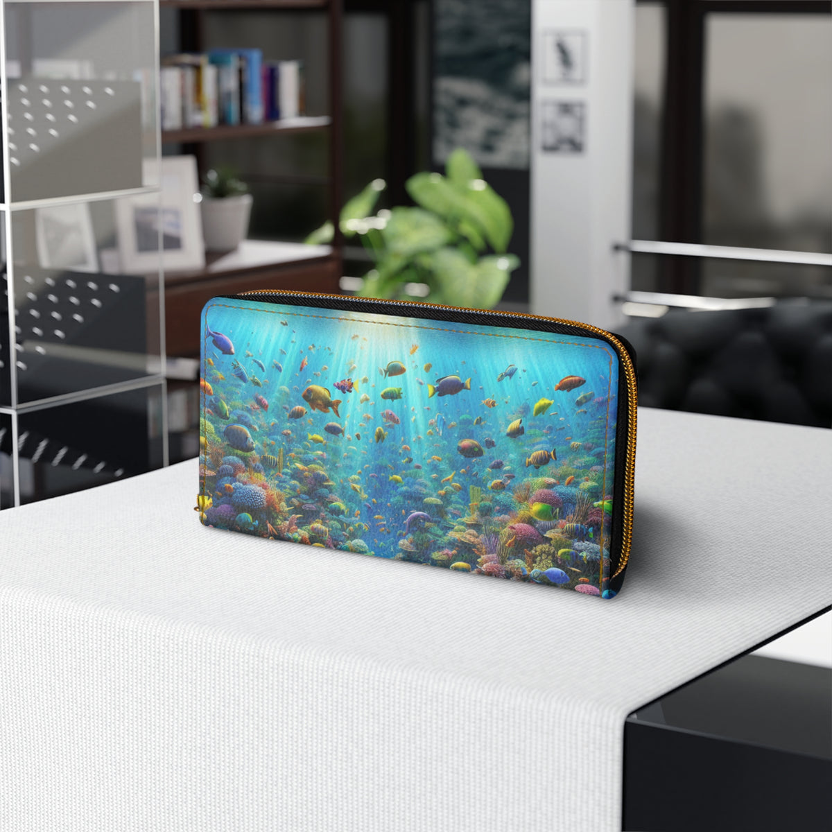 Tropical Zipper Wallet, Faux Leather / Vibrant Clutch / Busy Coral Reef