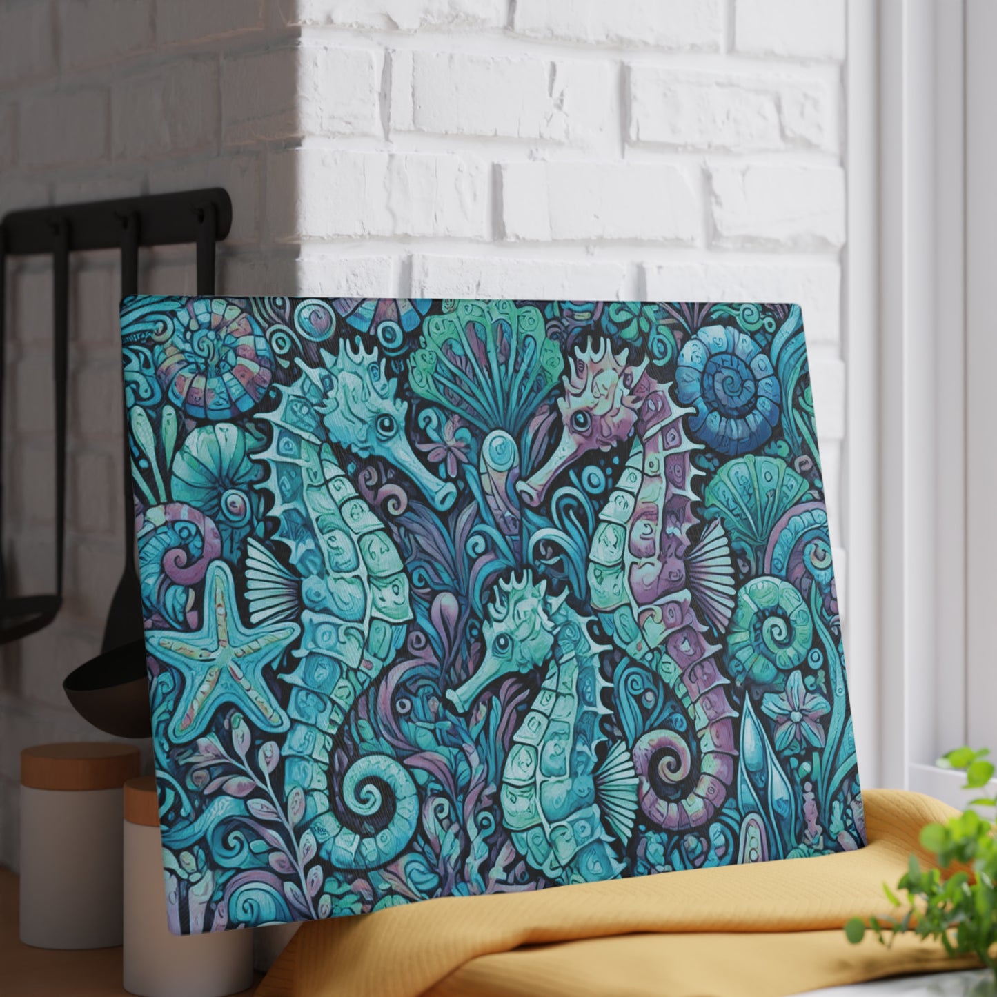 Glass Cutting Board, 2 sizes - Seahorses/Turquoise