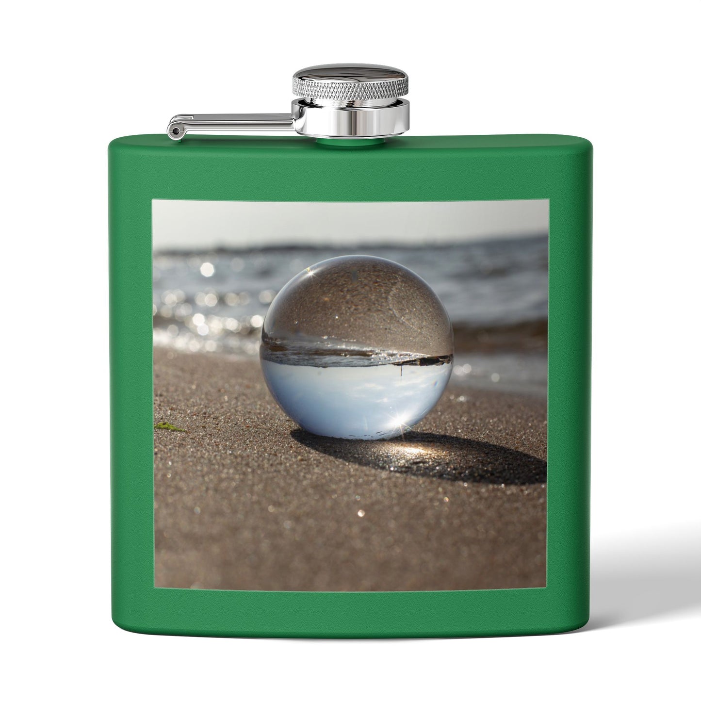 Tropical Stainless Steel 6 oz. Flask, Many Colors  – Crystal Ball on Smooth Beach