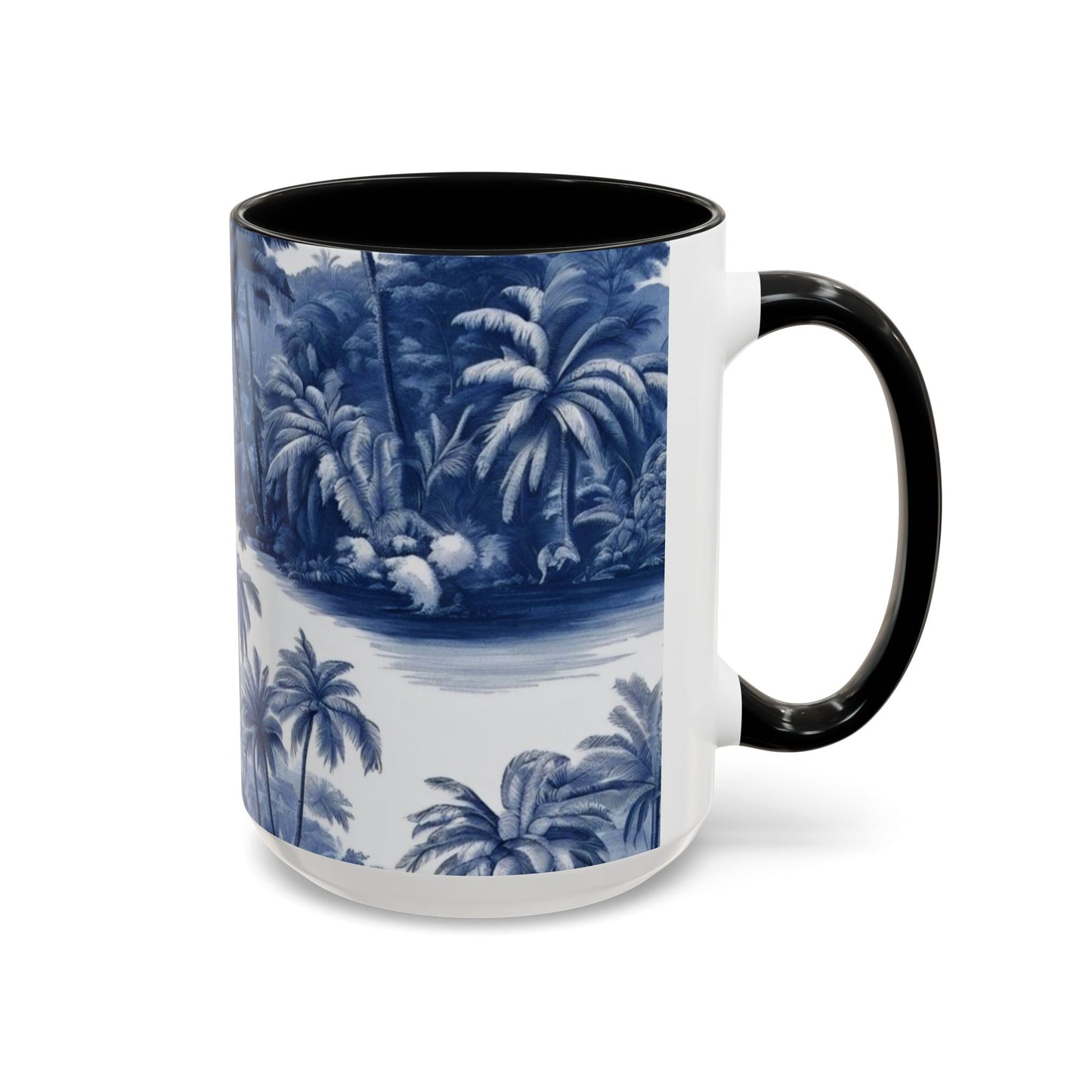 Accent Coffee Mug (11, 15oz), 8 Colors - Tropical Toile Blue/White