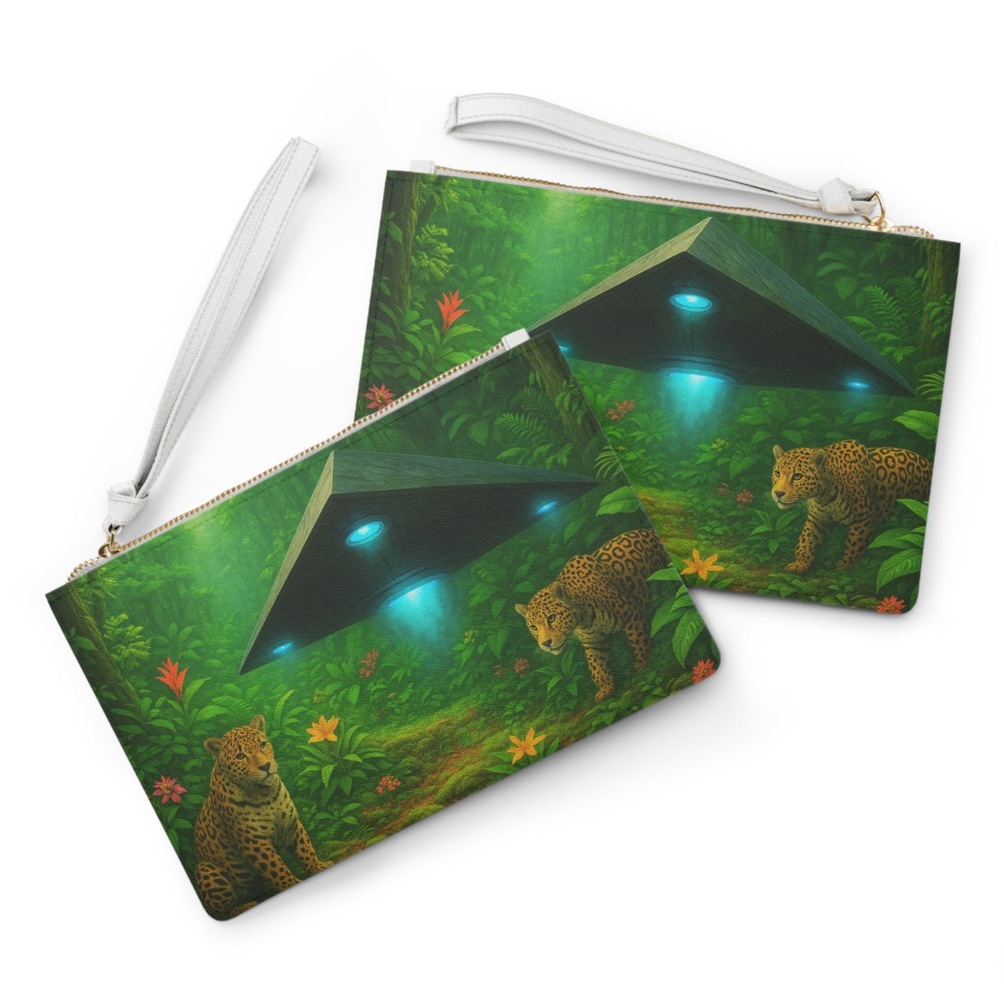 Tropical Faux Leather Clutch Bag - Perfect for Beach Adventures & Summer Vacations / UFO and Jaguars