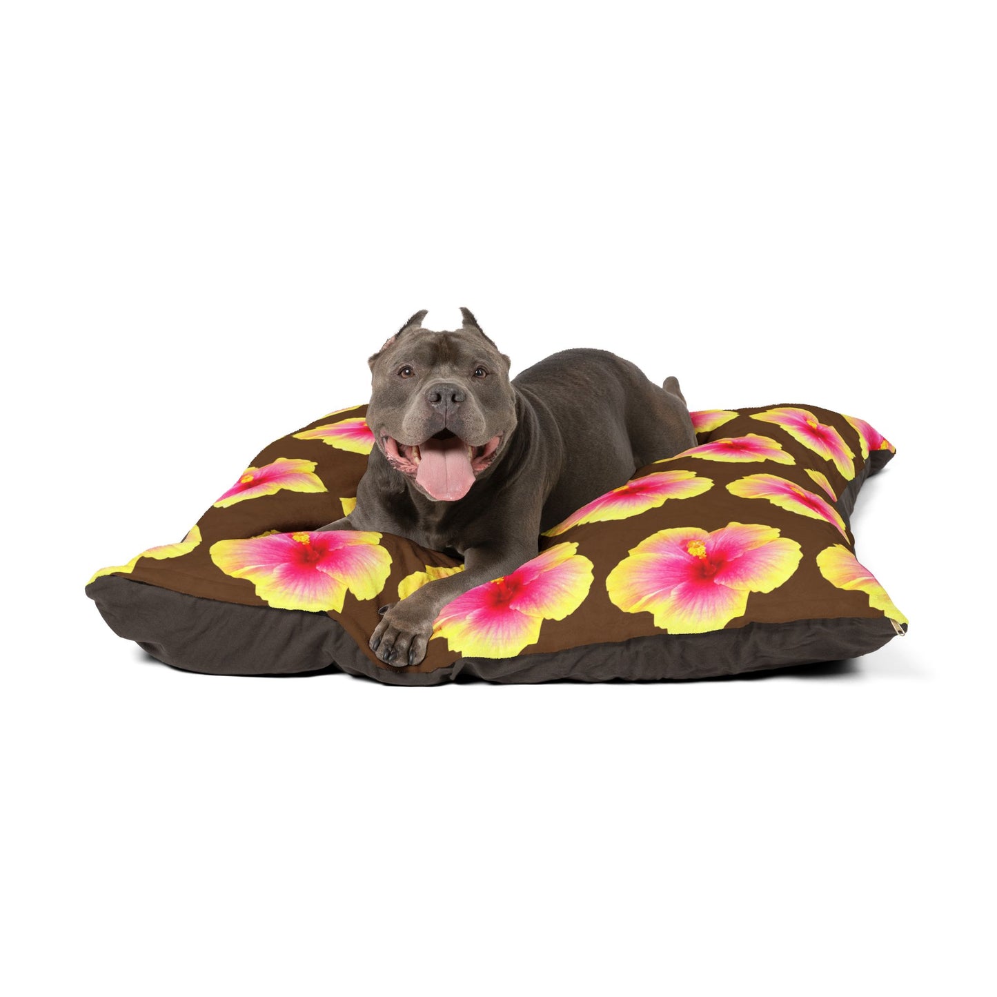 Pet Bed - Cozy and Fun Dog or Cat Bed for Beach Lovers / Real Yellow & Pink Hibiscus/Brown