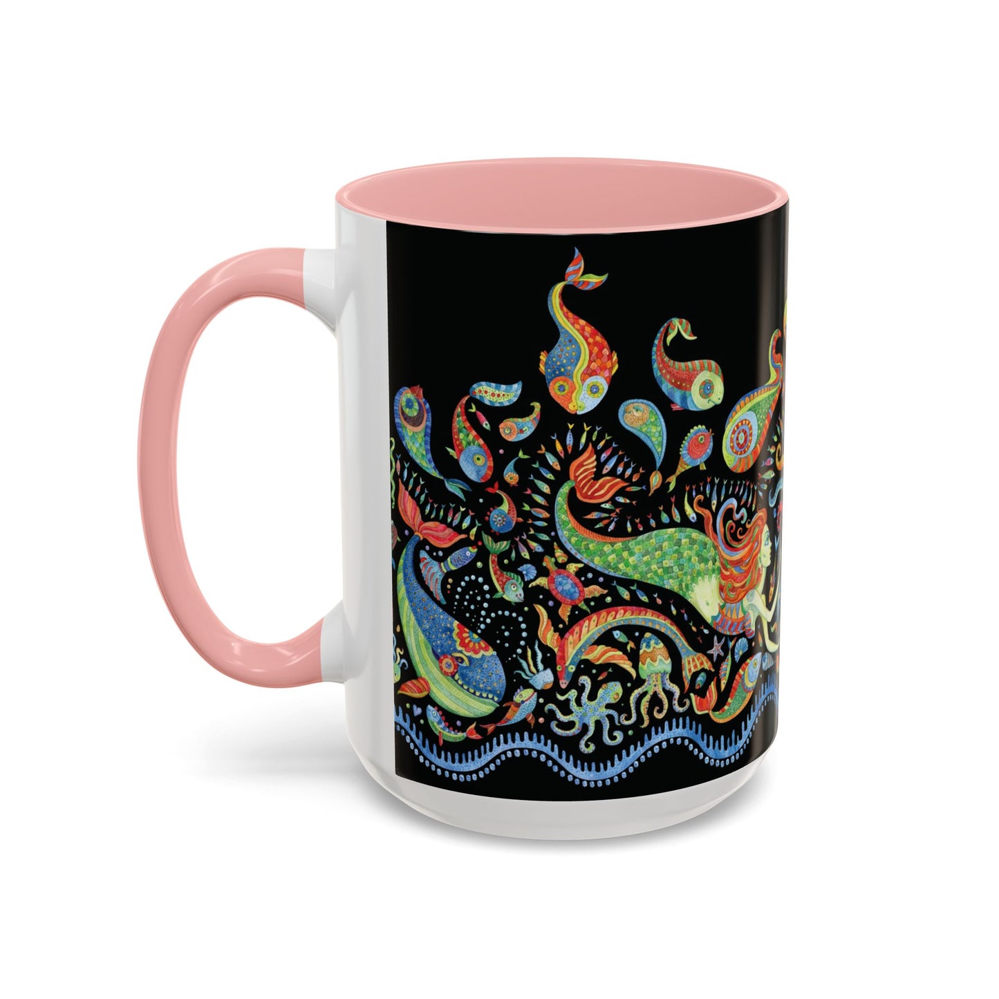 Mermaid Kingdom/Black, Coffee Mug, 8 Colors - Fun Tropical Drinkware for Beach Vibes