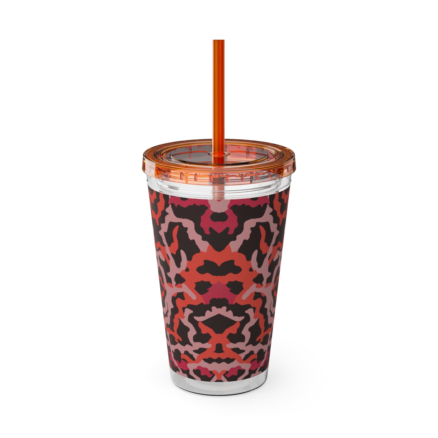 Tropical Tumbler with Straw | 16oz Colorful Travel Cup / Coral Threads, Red