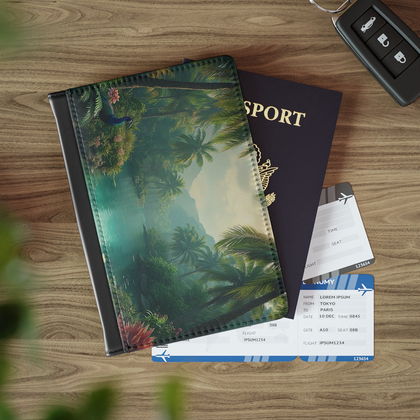 Tropical Passport Cover, Faux Leather - RFID blocking for travel security / Resting Peacocks