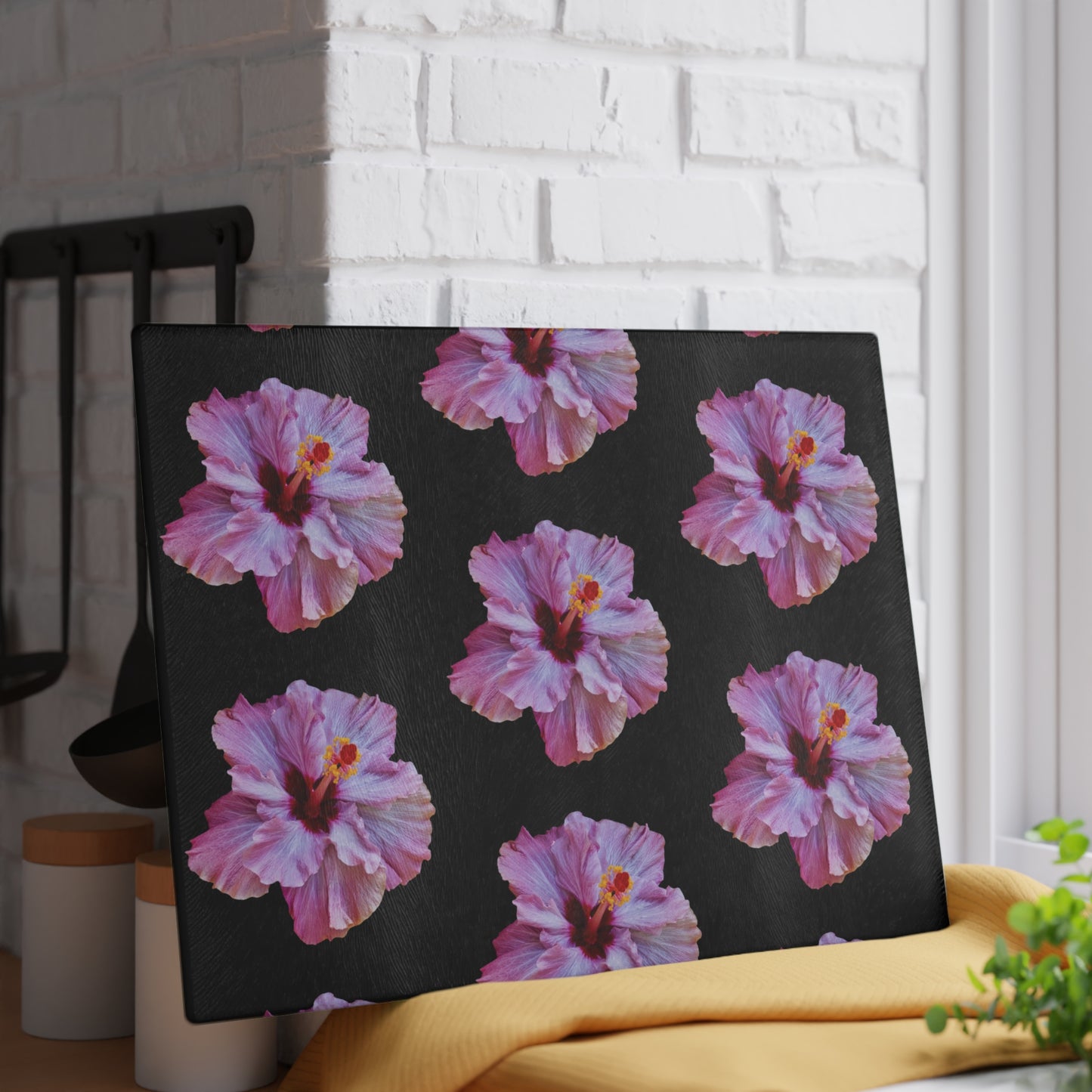 Glass Cutting Board, 2 sizes - Real Purple Hibiscus/Black