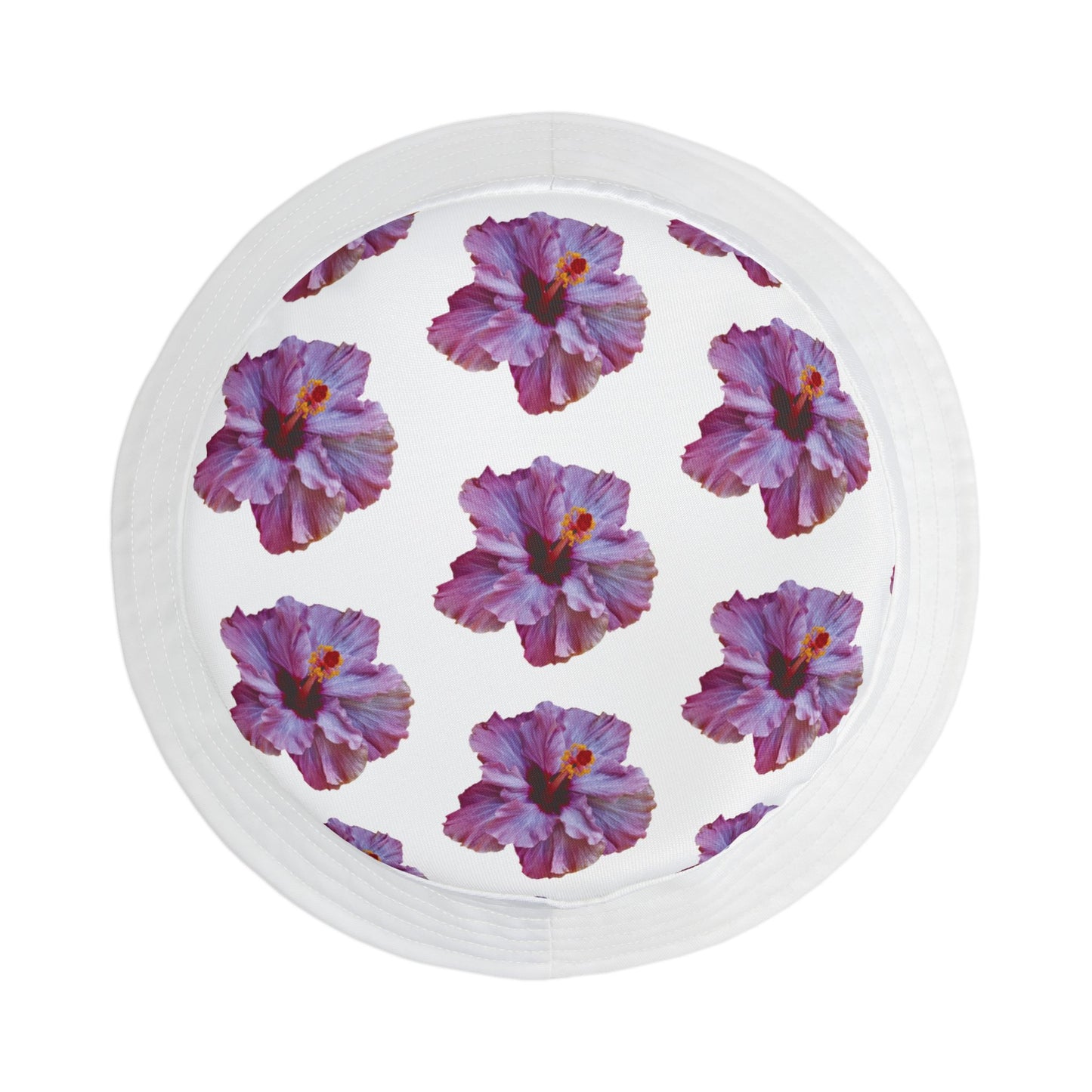 Tropical Polyester Bucket Hat, 2 Sizes - Purple Hibiscus/White
