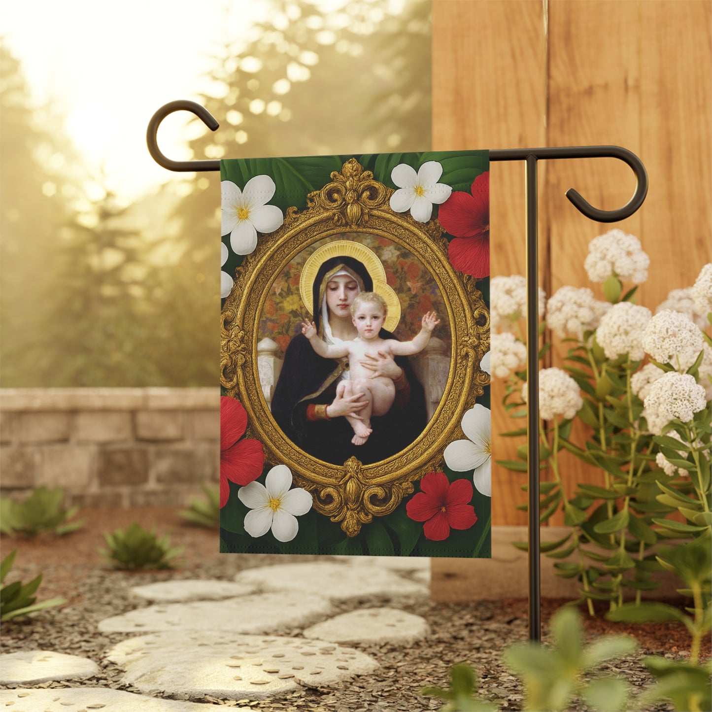 Religious Tropical Garden Flag  - Perfect for Outdoor Decor / Virgin of the Lilies