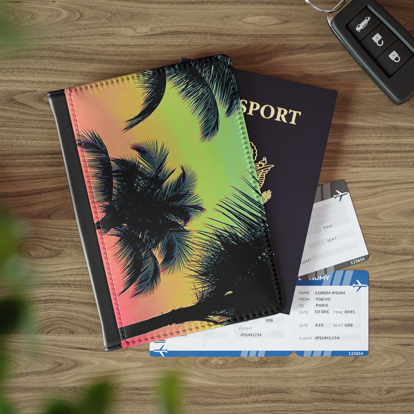 Tropical Passport Cover, Faux Leather - RFID blocking for travel security / Palm Glow, Sangria