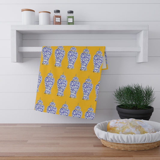 TeaTowels (cotton, poly), Blue and Gold Ginger Jar repeat yellow