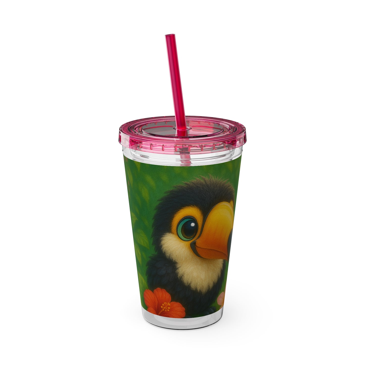 Tropical Tumbler with Straw | 16oz Colorful Travel Cup / Baby Toucans