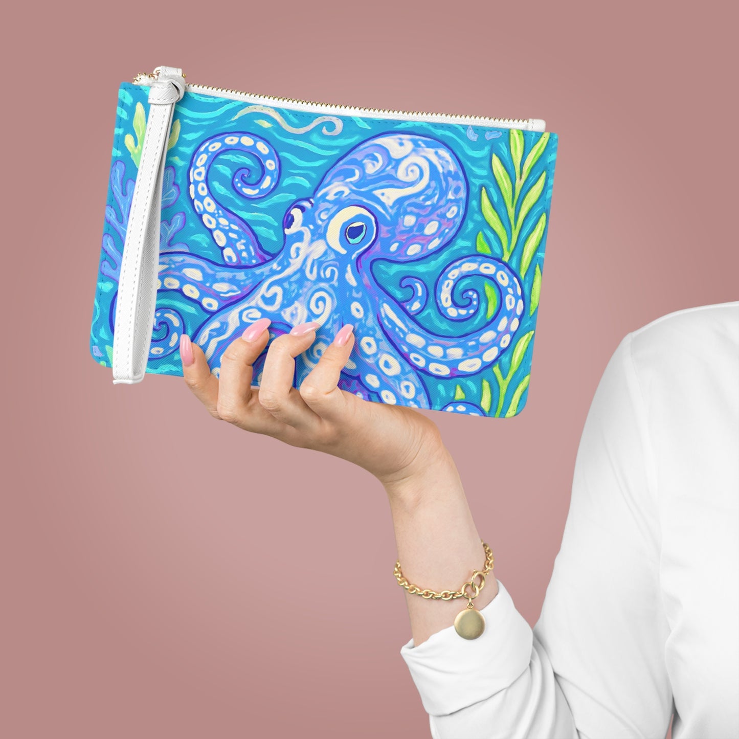 Tropical Faux Leather Clutch Bag - Perfect for Beach Adventures & Summer Vacations / Octopus Kraken Joe, Blue