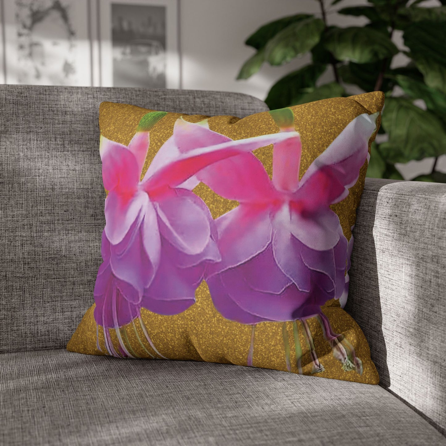 Faux Suede Square Pillowcase - Two Fuchsias, Gold Dust