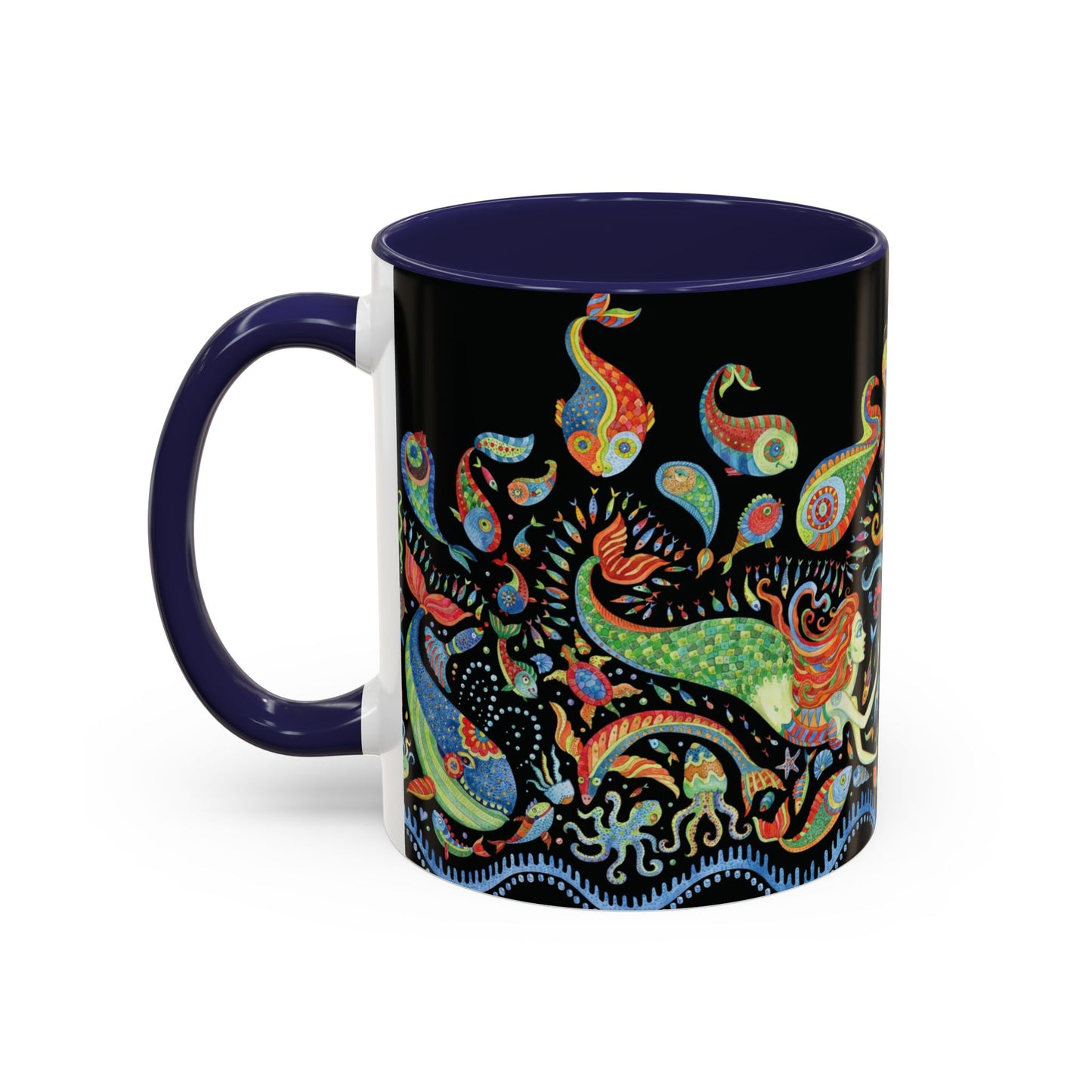 Mermaid Kingdom/Black, Coffee Mug, 8 Colors - Fun Tropical Drinkware for Beach Vibes