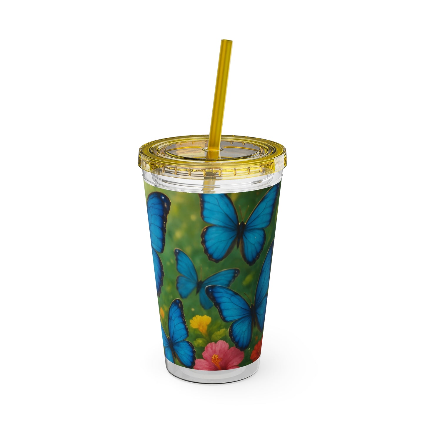 Tropical Tumbler with Straw | 16oz Colorful Travel Cup / Morpho Butterflies Flight