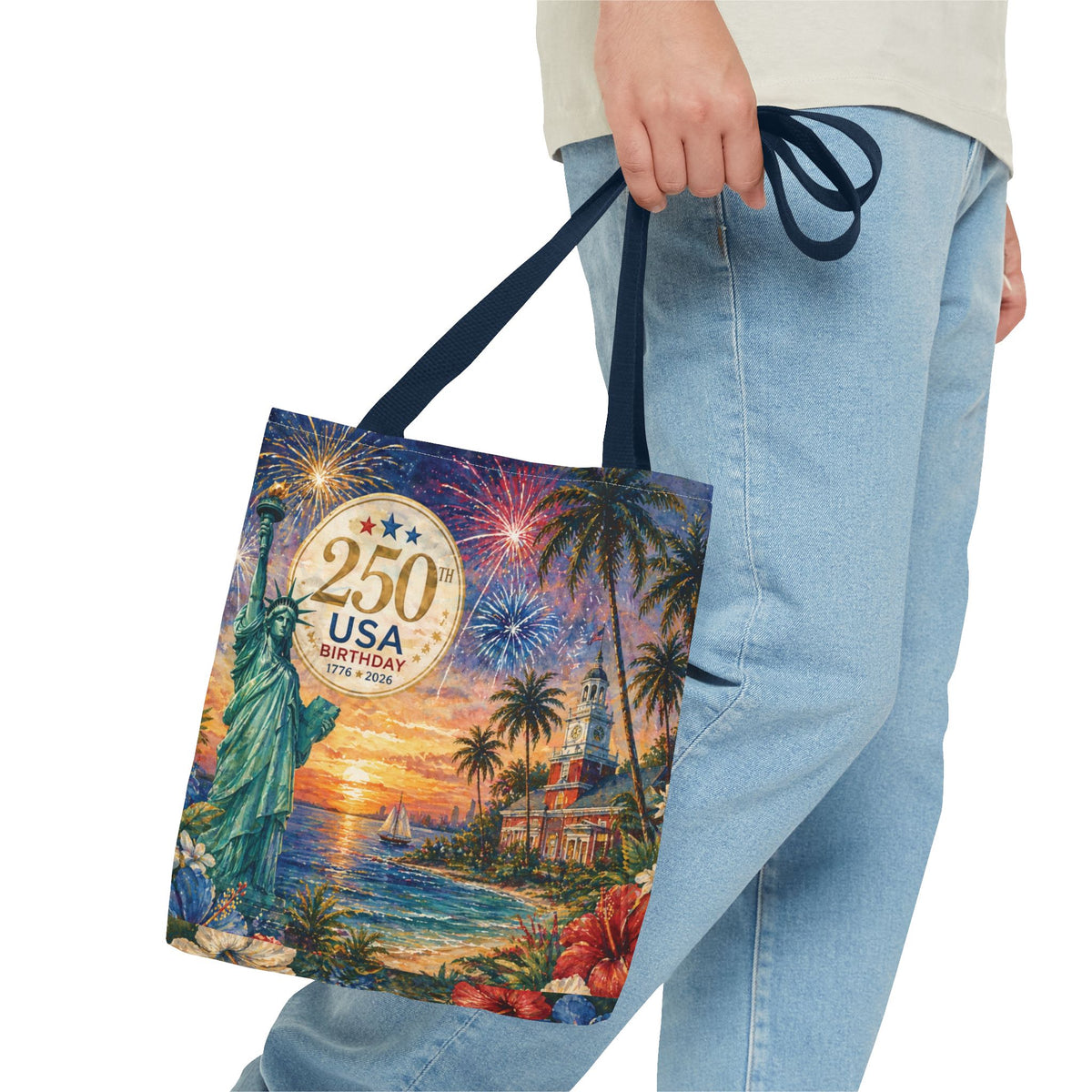 Tote Bag — 250th USA Birthday Patriotic Beach Tote with Statue of Liberty & Fireworks