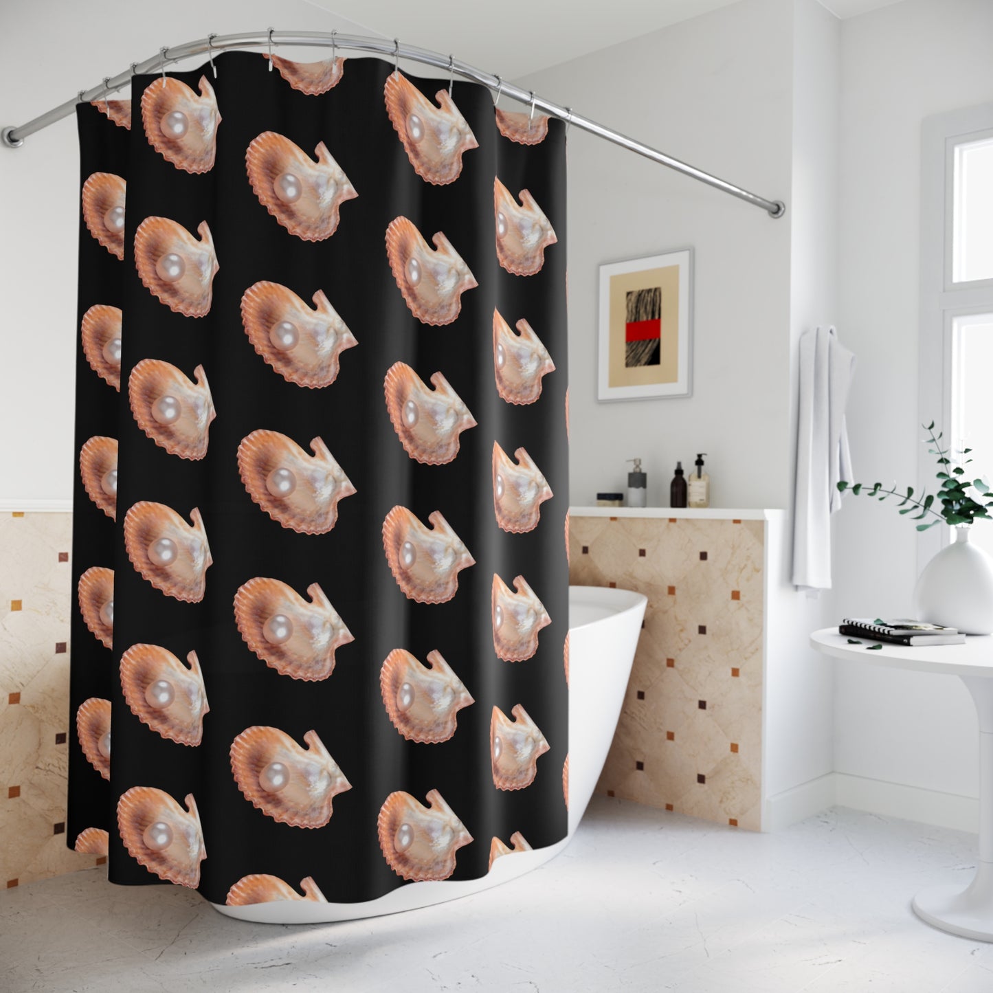 Tropical Shower Curtain - Ocean Bathroom Decor / Lavender Freshwater Pearl/Black