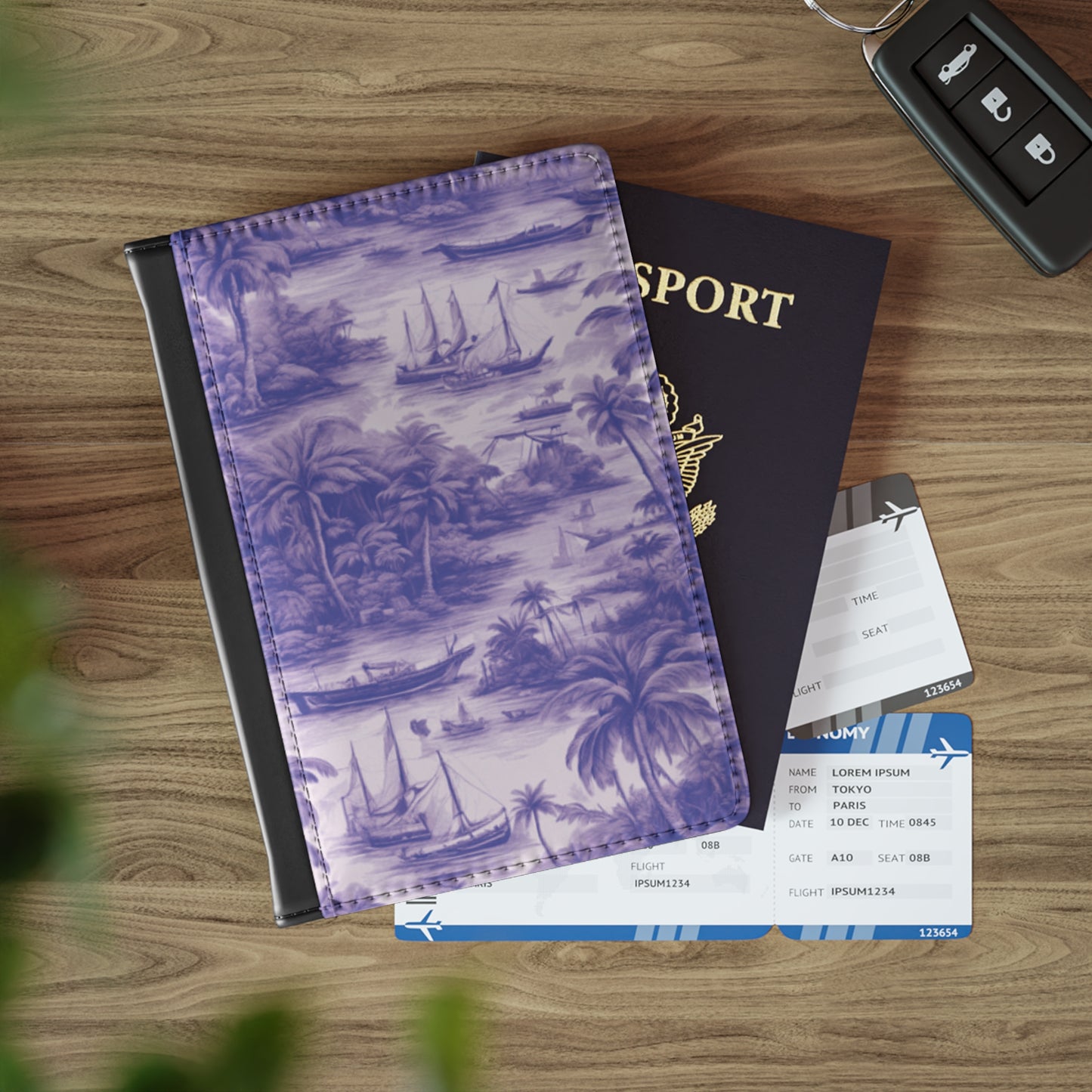 Tropical Passport Cover, Faux Leather - RFID blocking for travel security / Tropical Toile, Purple