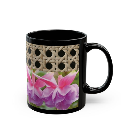 Black Coffee Mug - Wicker & Pink Fuschias
