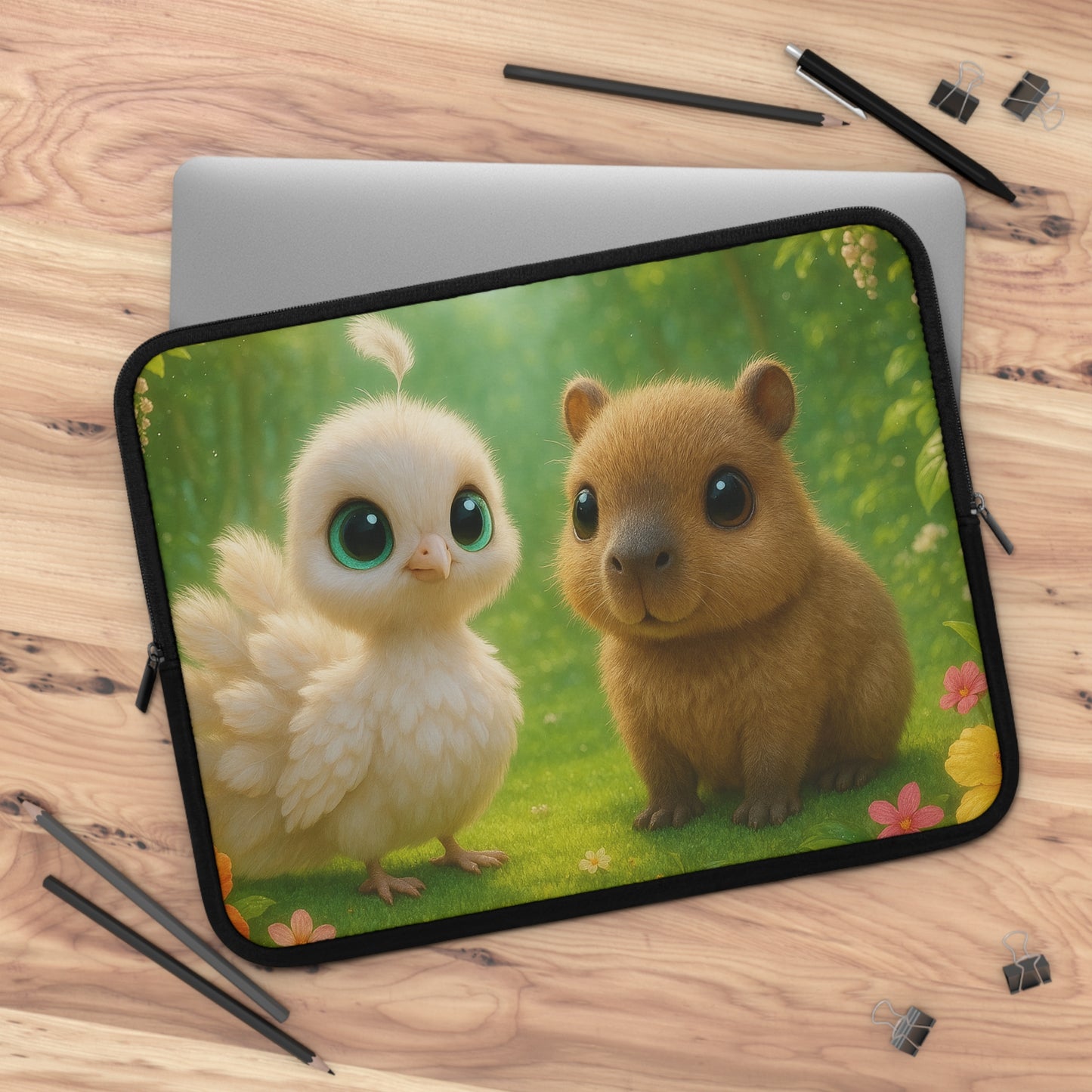 Tropical Laptop Sleeve, 5 Sizes - Perfect for Beach Lovers & Students / Baby White Peacock and Baby Capybara