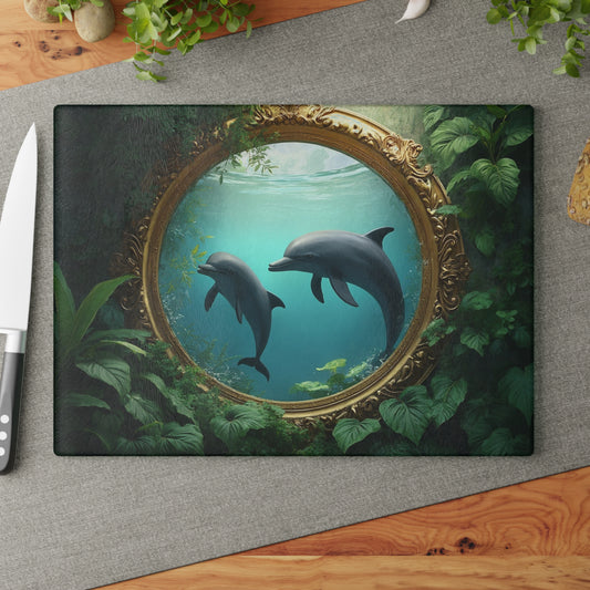 Glass Cutting Board, 2 sizes - Framed Dolphins