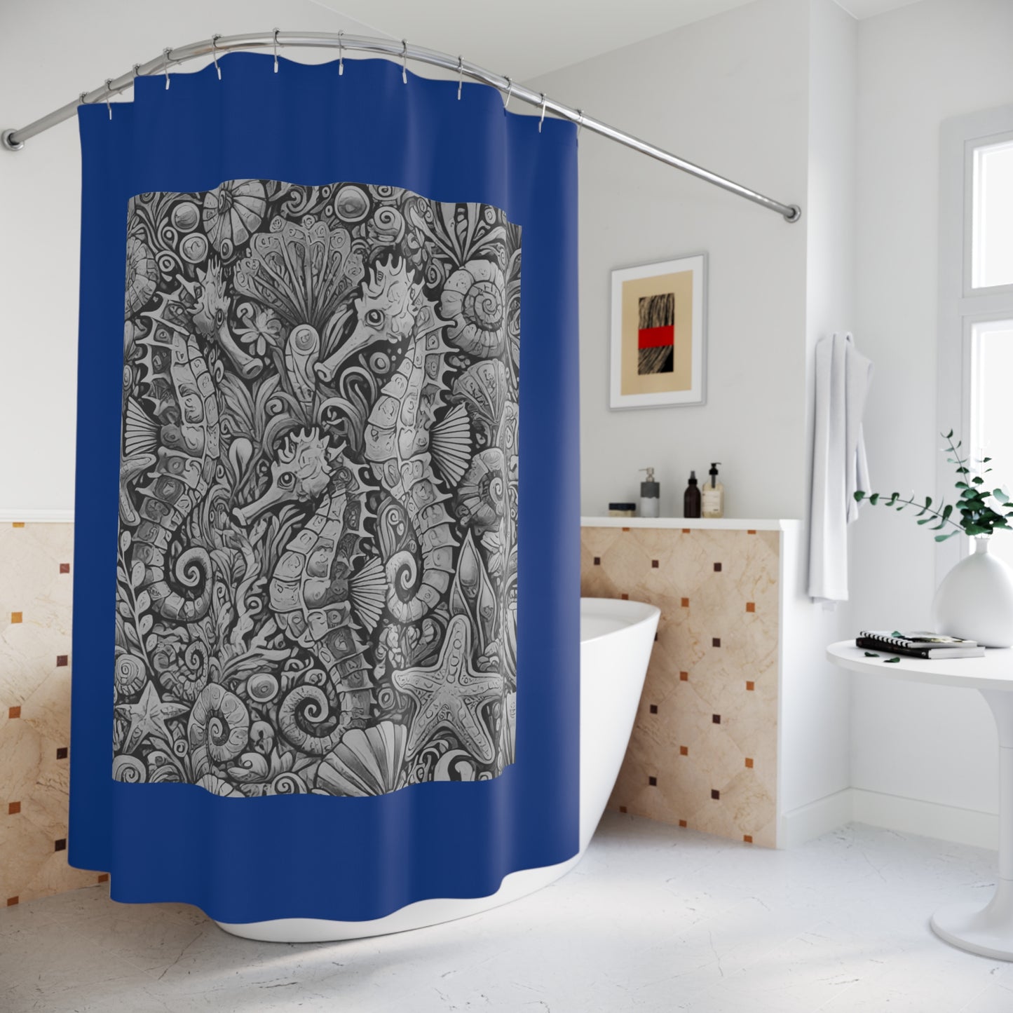 Tropical Shower Curtain - Ocean Bathroom Decor / Seahorse Trio Noir/Navy Blue
