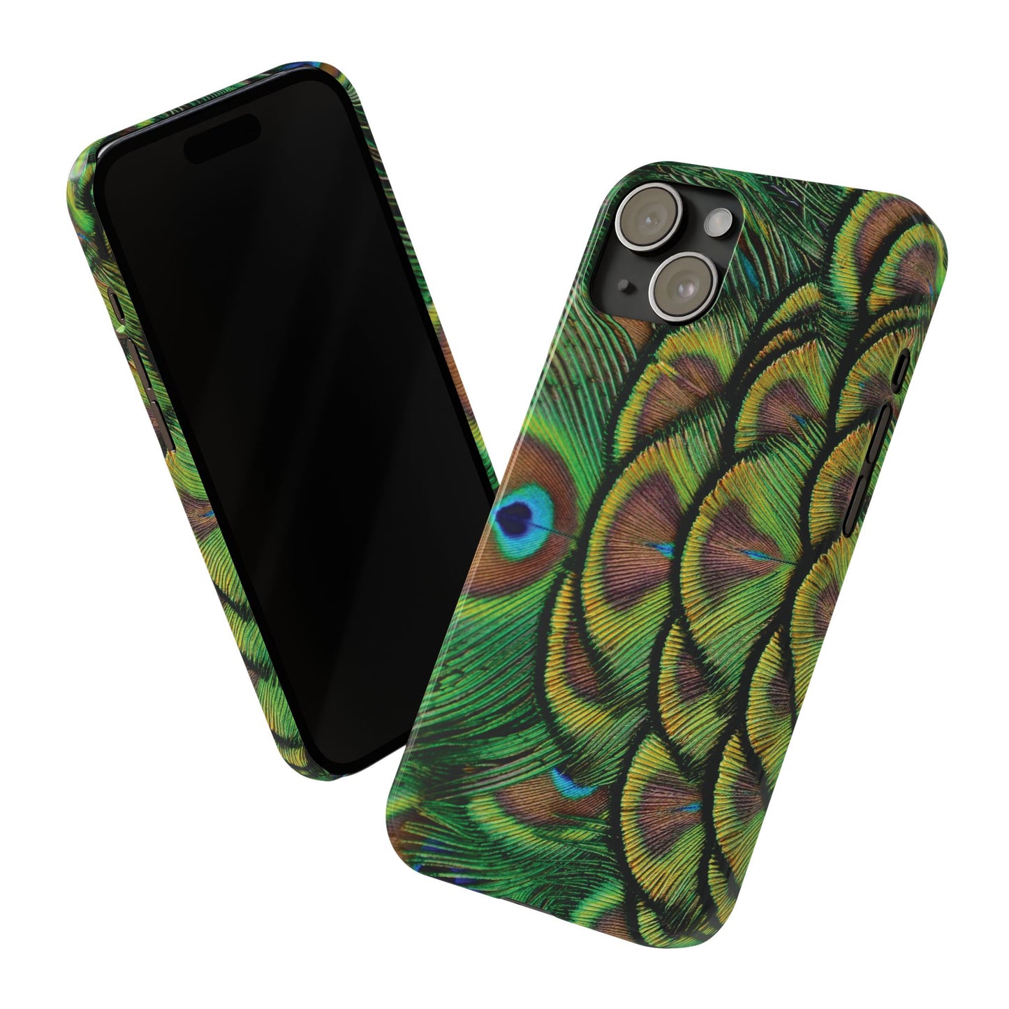 Slim Phone Cases - Brilliant Green Peacock Feathers