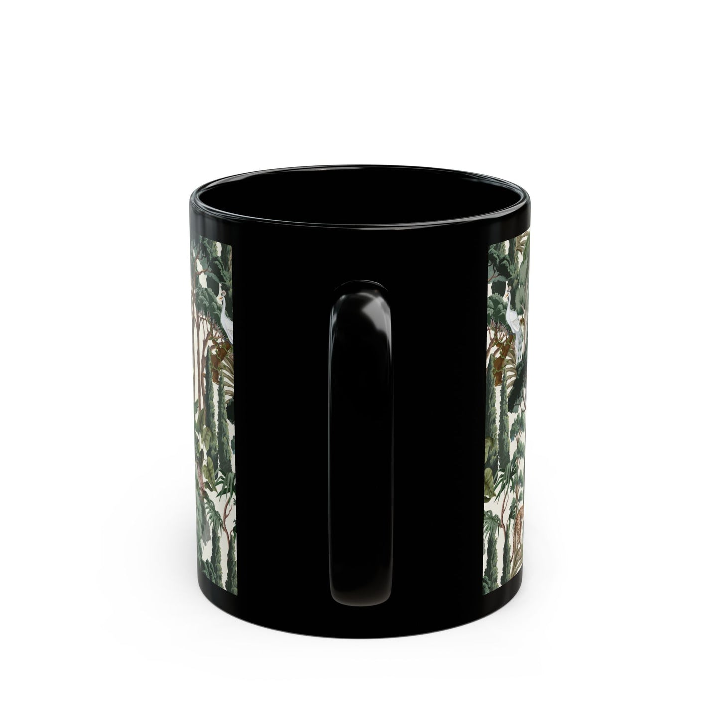 Black Mug (11oz, 15oz), Hiding Peacocks, White