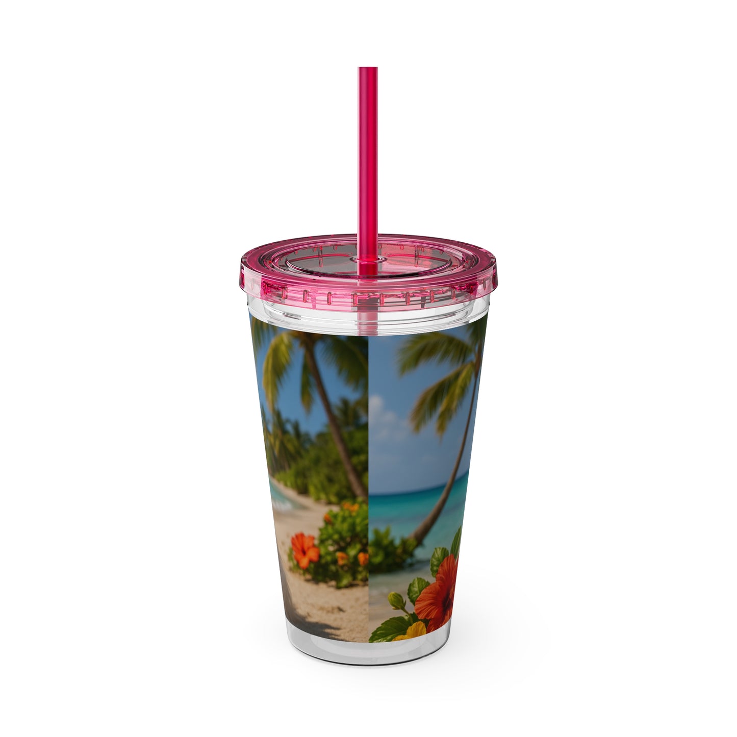 Tropical Tumbler with Straw | 16oz Colorful Travel Cup / Puppy Ariel at the Beach