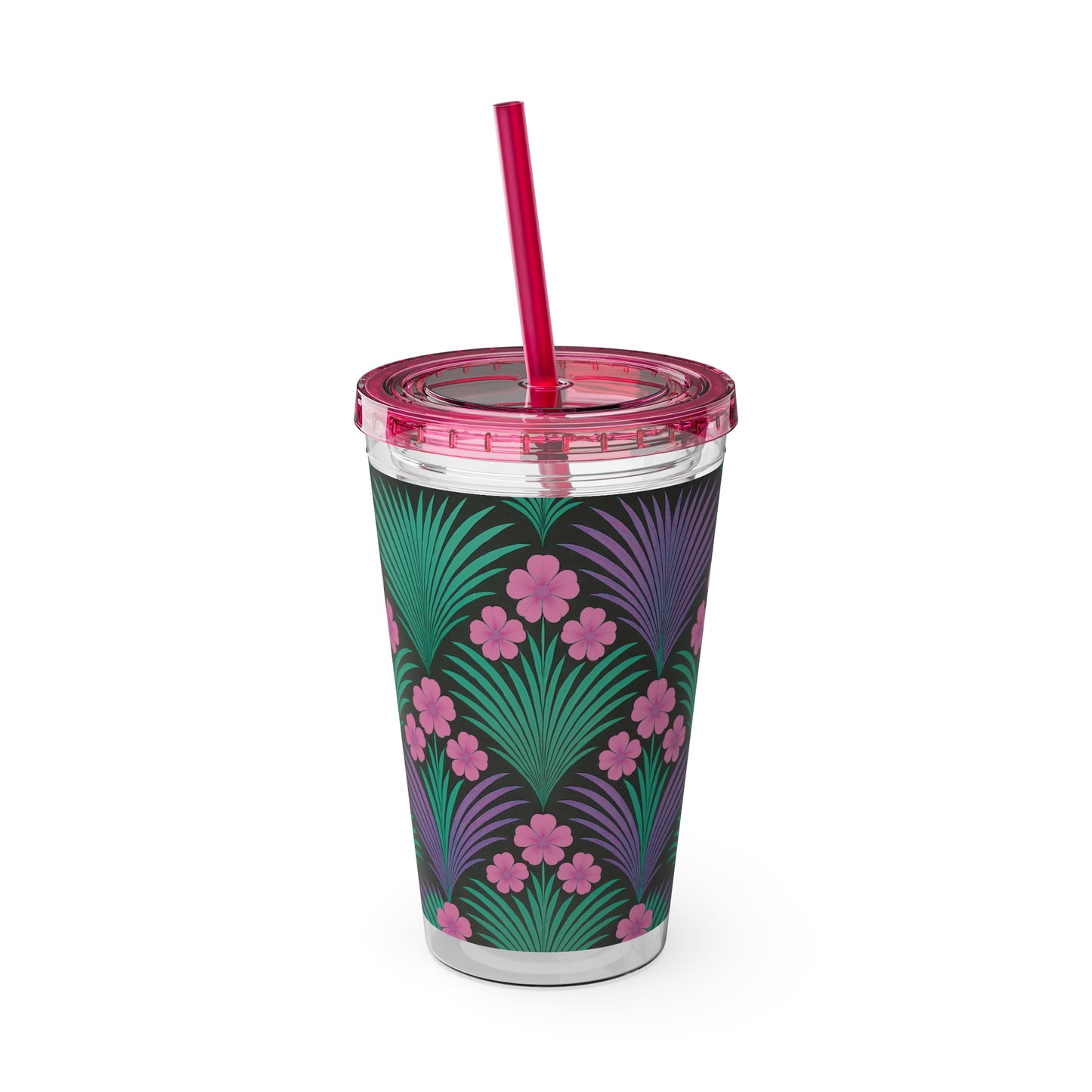 Tropical Tumbler with Straw | 16oz Colorful Travel Cup / Midnight Hibiscus Deco, Pink