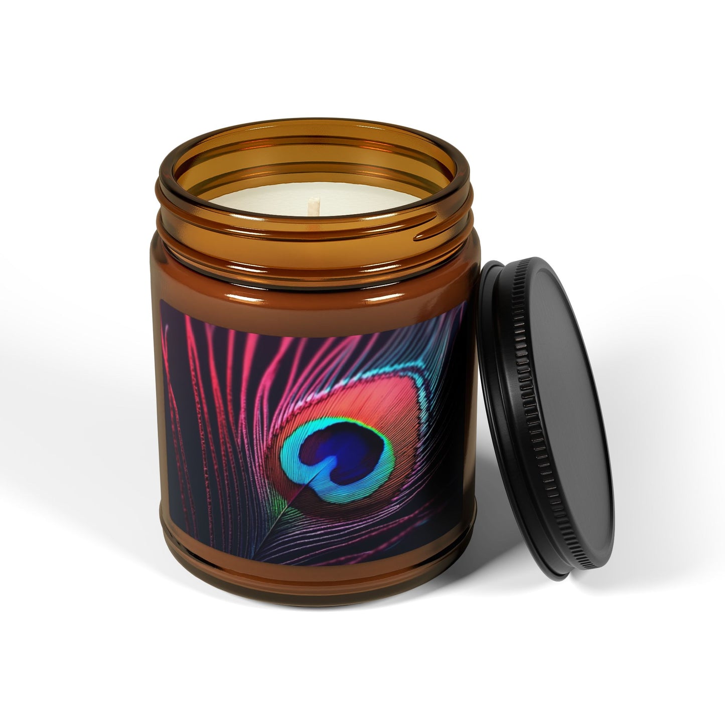 Soy Candle in Amber Jar - Multi-Size / Peacock Eye Feather, Magenta