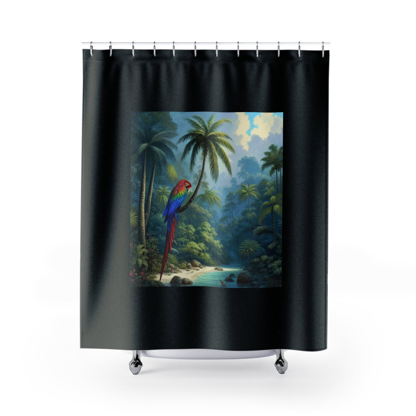 Tropical Shower Curtain - Rainforest Bathroom Decor / Sleeping Beauty Parrot, Black