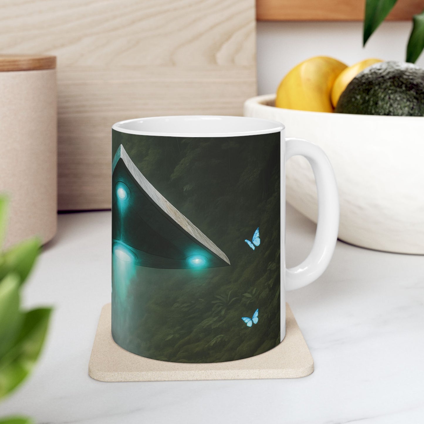 UFO and Waterfall Ceramic Mug - Colorful Coffee Cup for Morning Motivation